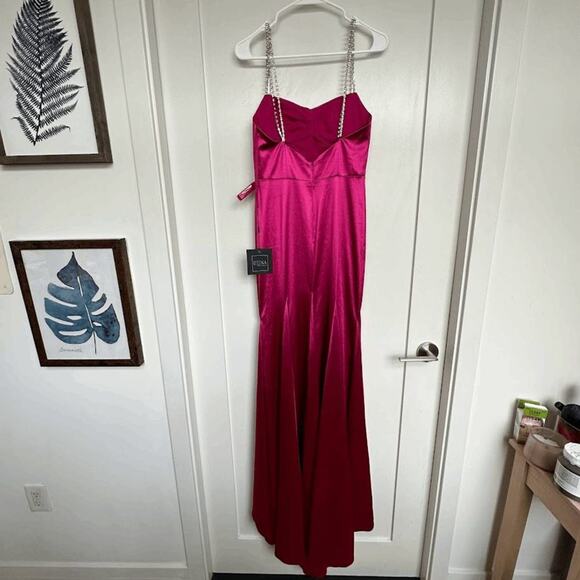 NWT Ieena for Mac Duggal Womens Hot Pink Rhinestone Beaded Strap Satin Dress 2 - Picture 4 of 12